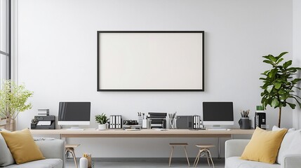Poster - Cozy and Organized Home Office Workspace Mockup with Wall Mounted Frame Displaying Laptop Computers and Other Equipment on a Long Table in a Comfortable Living Room Interior