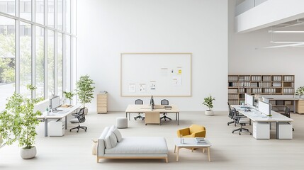 Poster - Minimalist and contemporary interior design with an aerial view of an organized office space featuring clean desks shelves and a living room wall poster mockup