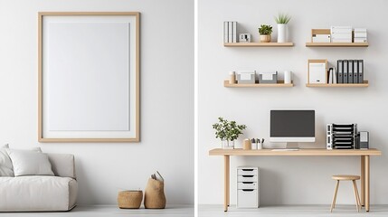 Poster - Minimalist and modern interior mockup featuring a wall poster in a living room setting along with a well organized and tech equipped office workspace showcasing a clean functional