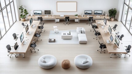 Poster - Minimalist living room with an ISO A sized poster frame showcasing art and an aerial view of a modern office workspace with computers arranged on a long table