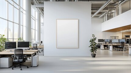 Poster - Minimalist 3D rendered living room with a poster mockup on the wall and a modern office workspace featuring multiple computer monitors and various equipment for a productive and creative digital