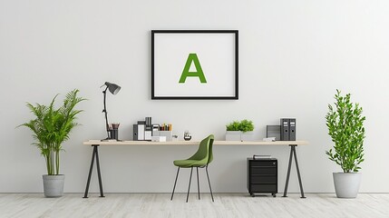 Poster - Minimalist living room wall with ISO A paper size frame mockup and aerial view of a well organized professional office space with desks equipment and a clean
