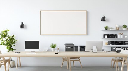 Aufkleber - Cozy living room with a clean organized home office workspace setup behind featuring a long table with various office equipment and computer devices