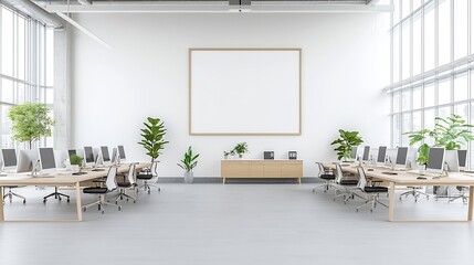 Poster - Elegant Contemporary Living Room Interior with Clean Minimalist Office Workspace Featuring Multiple Computers on Long Desks and Wall Poster Mockup