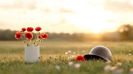 Aufkleber - Close up of a bright red poppy bouquet placed beside an antique soldier s helmet symbolizing remembrance and honoring fallen heroes in the warm golden hour lighting