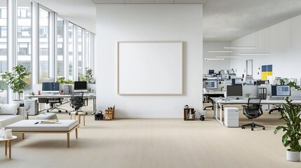 Poster - Minimalist living room with ISO A sized frame on the wall overlooking a clean and organized office workspace with multiple computer monitors and accessories