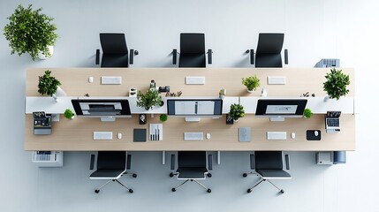Leinwandbilder - Aerial View of Tidy and Efficient Office Workspace with Neatly Arranged Computers Monitors and Other Professional Equipment for Productive Presentations
