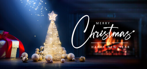Wall Mural - christmas tree and holiday gift on blue background of fireplace room on christmas night