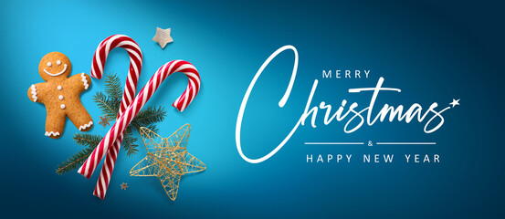 Wall Mural - art christmas greeting card or christmas banner design composition with fir tree branches, cookies, 