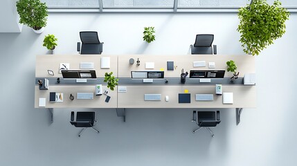 Leinwandbilder - Overhead View of Neatly Arranged Office Workspace with Multiple Computers Ready for Productive Work on Long Wooden Desk