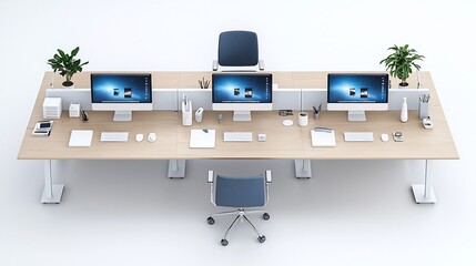 Leinwandbilder - Aerial view of a sleek and organized modern office workspace with multiple computers tech devices and neatly arranged accessories on a long minimalist desk