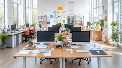 Fototapete - Aerial perspective of a spacious and meticulously arranged office workspace with rows of computers keyboards and various office supplies on a long table