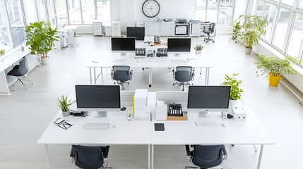Fototapete - Overhead view of a clean organized workspace with multiple computer monitors keyboards and various office equipment neatly arranged on a long table in an open office environment