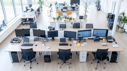 Poster - Overhead view of a tidy and organized workspace with multiple monitors computer accessories and other office equipment neatly arranged on a long table in a modern minimalist setting