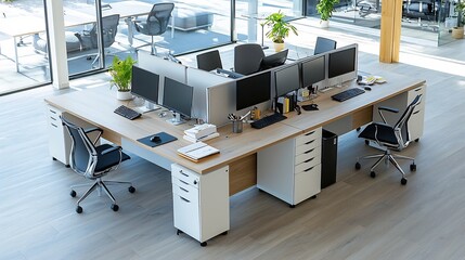Leinwandbilder - Aerial Perspective of a Clean and Coordinated Workdesk Arrangement Featuring Multiple Computer Screens in a Contemporary Office Environment