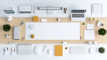 Leinwandbilder - Aerial view of a neatly arranged office desk with multiple computers monitors and various office equipment meticulously placed on a long table creating a clean and efficient workspace environment