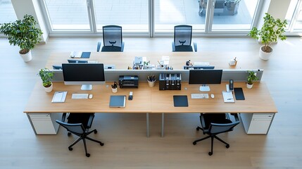 Leinwandbilder - Aerial perspective of a clean and minimalist office desk with computers monitors and various equipment neatly arranged on a long wooden table showcasing a productive and organized workstation