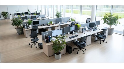 Aufkleber - Aerial Shot of Organized Office Workspace with Multiple Computers on a Long Table Prepared for Collaborative Work in a Contemporary Business Environment
