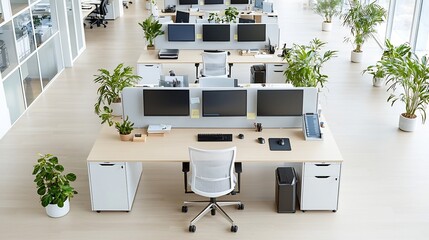 Poster - Overhead View of a Professionally Arranged Office Workspace with Multiple Computer Monitors Keyboards and Various Accessories Neatly Laid Out on a Long Organized Desk