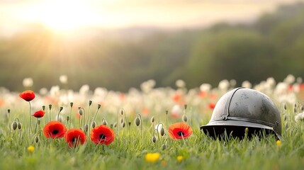 Aufkleber - Vibrant red poppy bouquet placed beside an antique military helmet symbolizing remembrance and honoring those who served captured in the warm golden glow of the setting sun