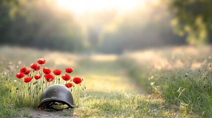 Poster - Closeup of vibrant red poppies standing beside a vintage military helmet under a warm golden light evoking a sense of remembrance and honoring the sacrifices of war heroes