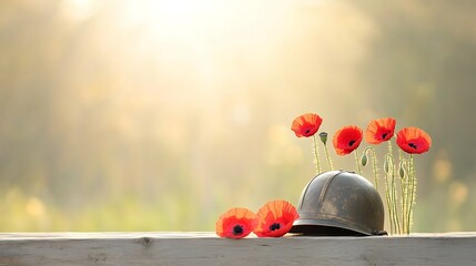 Aufkleber - Vibrant red poppy flowers bloom beside an antique military helmet bathed in a soft golden light that symbolizes remembrance and honor for those who have served