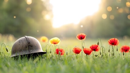 Aufkleber - Striking close up image of vibrant red poppies against a backdrop of soft warm golden lighting with an antique military helmet symbolizing remembrance and honor