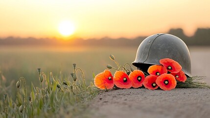 Aufkleber - A vibrant bouquet of red poppies set against a historic military helmet illuminated by the warm glow of a sunset  This poignant scene serves as a symbol of memory and sacrifice