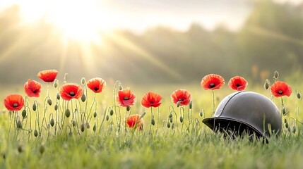 Aufkleber - Close up of vibrant red poppies and a weathered vintage military helmet set against the warm golden hour light creating a poignant and symbolic scene of remembrance and legacy