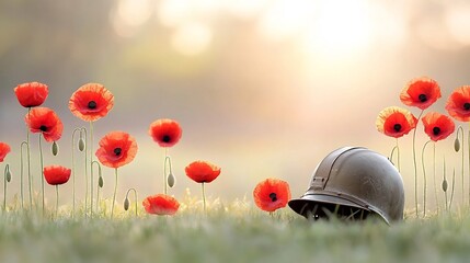 Aufkleber - Crimson red poppies blooming around a vintage military helmet bathed in the soft golden glow of the evening light