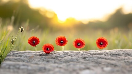 Aufkleber - Closeup of vibrant red poppy flowers placed on the ancient gravestone of a fallen military soldier under the warm ethereal lighting of the golden hour sunset  The image evokes a sense of remembrance