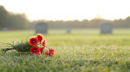Aufkleber - Bouquet of vibrant red poppies placed on an ancient gravestone illuminated by the warm glow of golden hour light representing remembrance and tribute to fallen soldiers