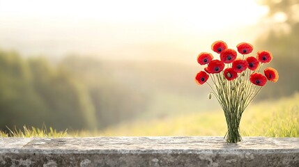 Poster - A bouquet of vibrant red poppies rests on an ancient weathered grave illuminated by the soft warm glow of golden hour light