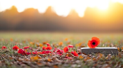 Aufkleber - Red poppy flowers laid on an old soldier s grave in warm golden hour light symbolizing the legacy and sacrifice of veterans