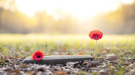 Aufkleber - Red poppy flowers laid delicately on an old soldier s grave in the warm golden hour light symbolizing the legacy and sacrifice of veterans who served their country  This serene