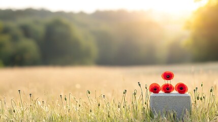 Poster - Vibrant red poppies resting on a historic soldier s grave in a golden light symbolizing remembrance and honor for those who have sacrificed their lives in service