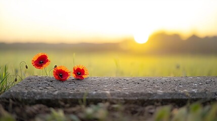 Aufkleber - Close up of red poppies resting on an ancient stone grave under a warm golden light creating a serene and solemn tribute to those who have served in times of war