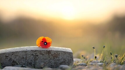 Aufkleber - Close up of vibrant red poppies resting on an ancient weathered gravestone under a warm golden light   a solemn tribute and remembrance to those who have served and sacrificed in times of war