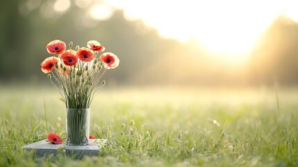 Poster - Vibrant bouquet of red poppies adorning a historic soldier s grave bathed in the warm golden glow of the setting sun  This poignant scene symbolizes honor remembrance