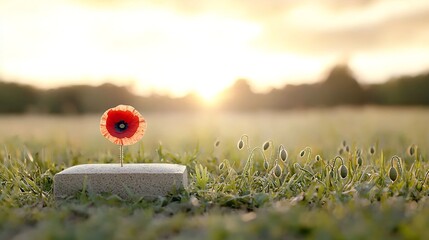 Aufkleber - Closeup of vibrant red poppies blooming on an ancient weathered grave under the warm glowing light of golden hour  The scene evokes a sense of reverence