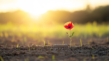 Poster - Close up of a Vibrant Red Poppy Bouquet Arrangement Adorning an Ancient Military Grave Bathed in the Warm Ethereal Light of Golden Hour and Symbolizing Remembrance and Sacrifice