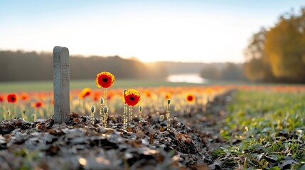 Poster - Red poppies blooming atop a historic soldier s grave surrounded by a golden glow of light symbolizing the lasting legacy and reverence for those who have served in war