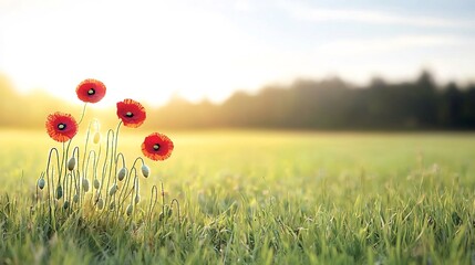 Poster - Vibrant red poppies adorn the weathered gravestone of a fallen soldier bathed in the golden glow of autumn light