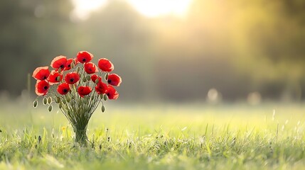 Poster - A bouquet of vivid red poppies laid tenderly on an old soldier s weathered grave under a soft golden light that evokes a sense of honor sacrifice and reverence for those who have served