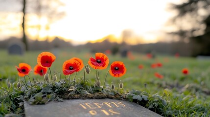 Aufkleber - Vibrant red poppies blanketing an ancient soldier s grave bathed in the warm golden hour light and honoring the fallen with solemn respect and reverence