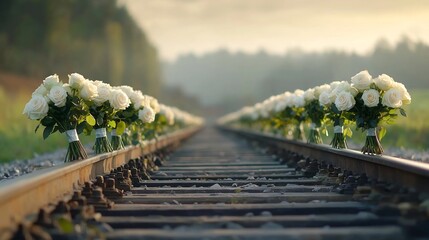 Poster - Train tracks covered in a stunning display of large rose bouquets glowing under the warm golden sunlight symbolizing the beauty and solitude found in nature s serene embrace