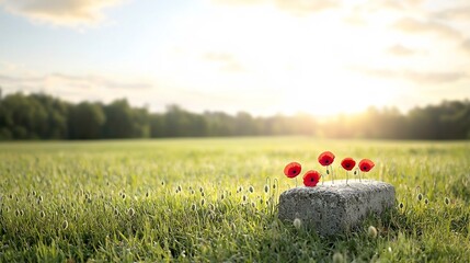 Aufkleber - Crimson poppies blooming over an ancient soldier s grave bathed in the warm golden light of the setting sun honoring the fallen with utmost respect and reverence