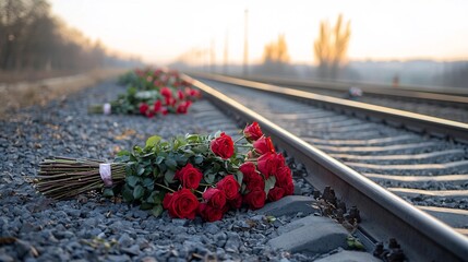 Poster - Luxurious arrangements of full red rose bouquets placed along the train tracks with warm golden sunlight illuminating the romantic serene scene