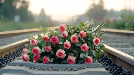 Aufkleber - Elegant large rose bouquets beautifully arranged on railway tracks with warm golden light filtering through to create a dreamy romantic atmosphere