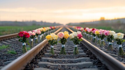 Poster - Lush romantic bouquets of roses artfully arranged on tranquil train tracks beneath a warm vibrant sunset in a serene picturesque landscape